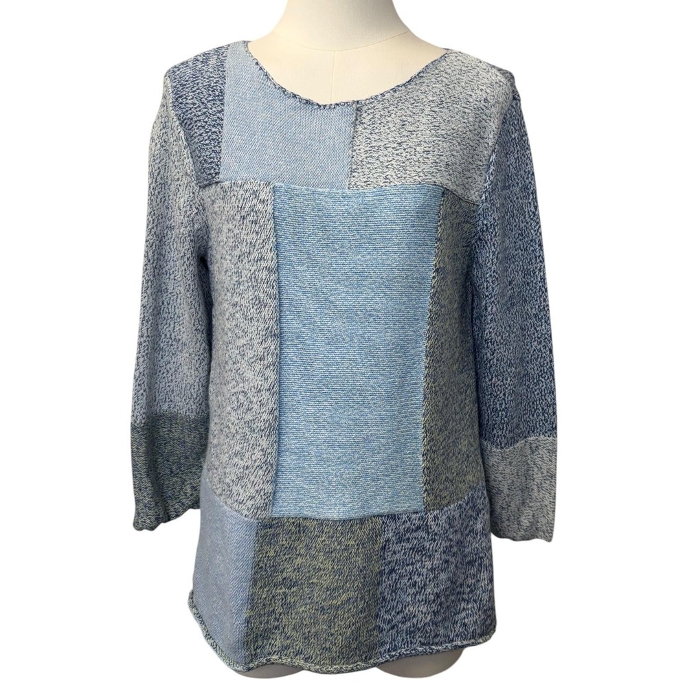 Vtg Crazy Horse Sweater Womens M Blue‎ Patchwork Scoop Neck Cotton Knit Pullover